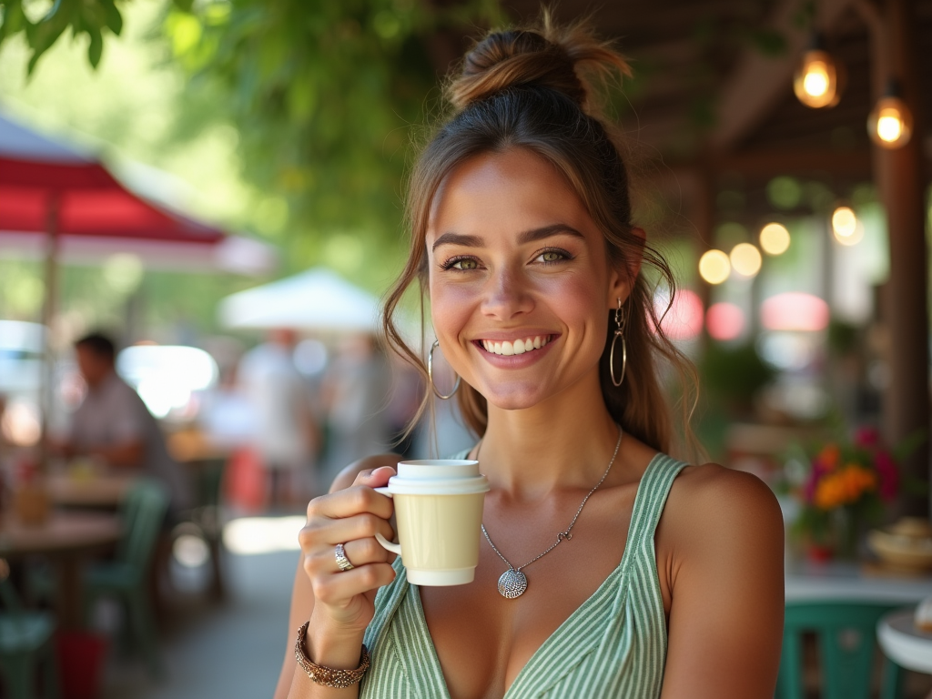 Tânără zâmbitoare ținând o ceașcă de cafea la o terasă aglomerată în aer liber.