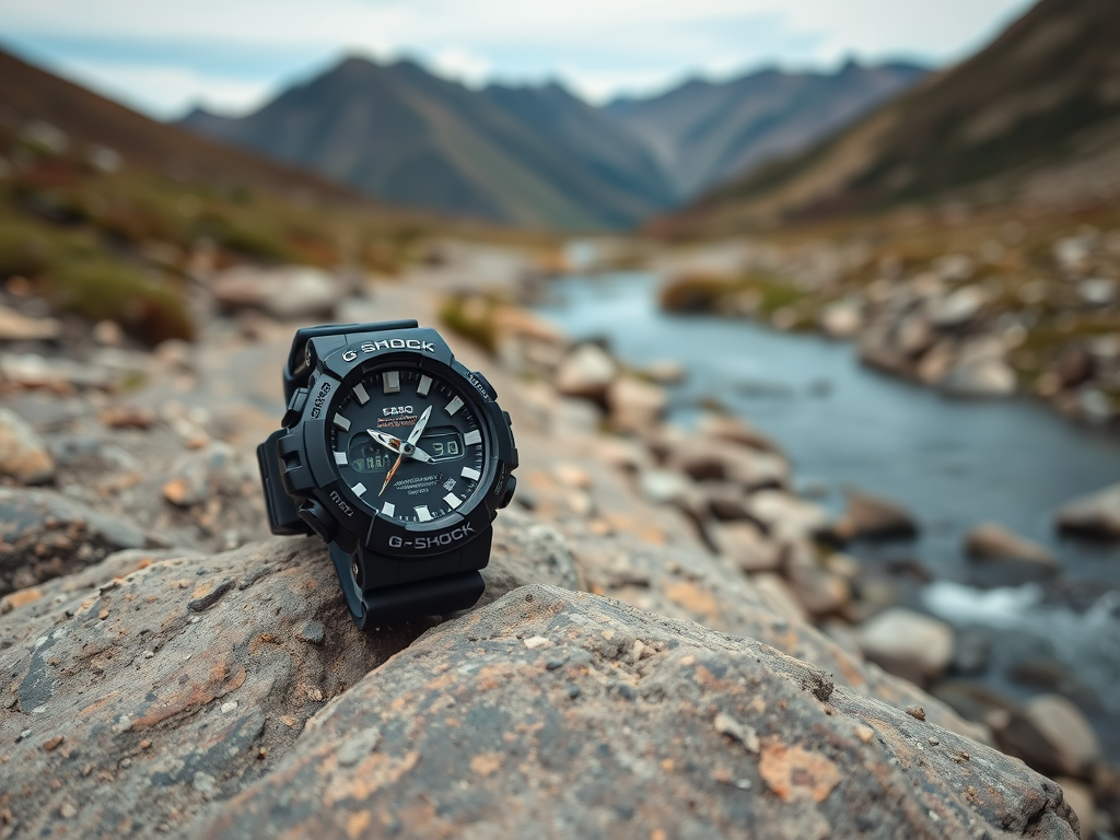 Ceas G-Shock negru așezat pe o piatră, cu un peisaj montan și un râu în fundal.