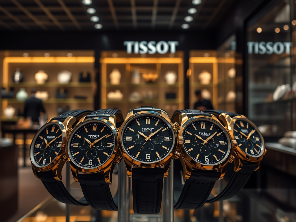 Ceasuri Tissot elegante expuse într-un magazin, cu detalii aurii și cadrane negre.