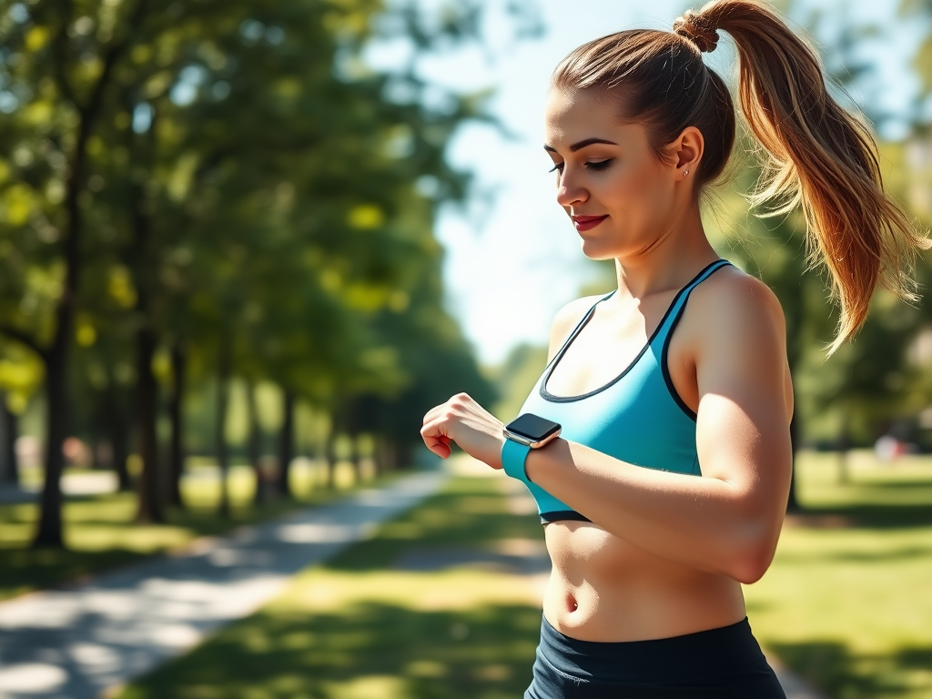 O tânără în echipament sportiv se uită la ceasul inteligent într-un parc pe o zi însorită.